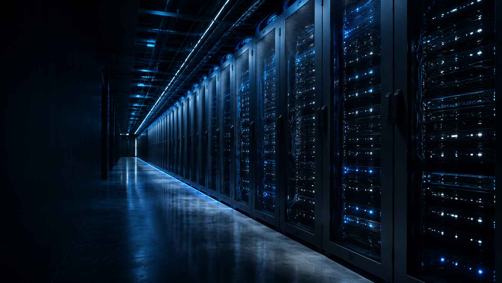 Modern Nashtron data center with illuminated server racks